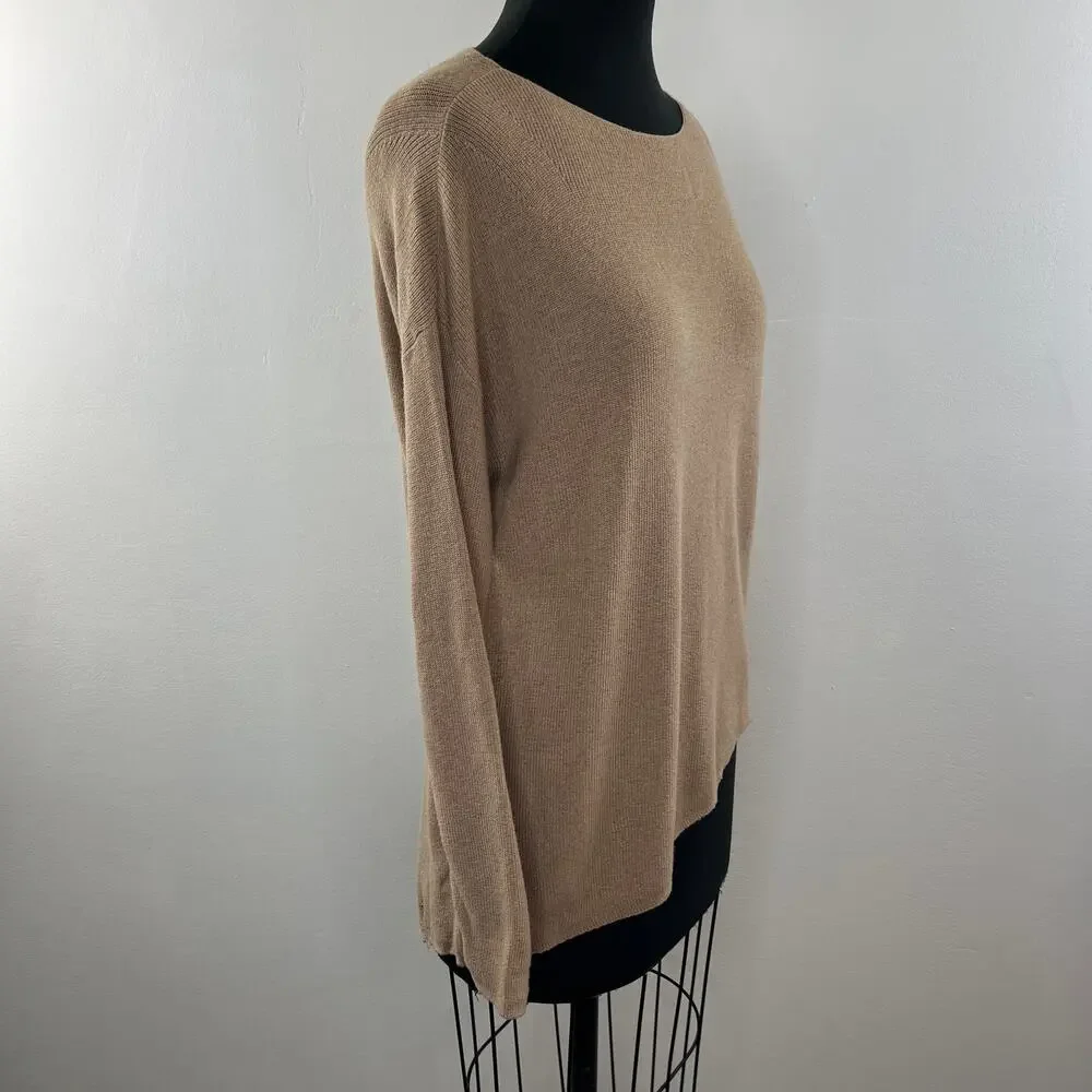 EILEEN FISHER Tan Camel Merino Wool Wide Neck Asymmetrical Pullover Sweater PS